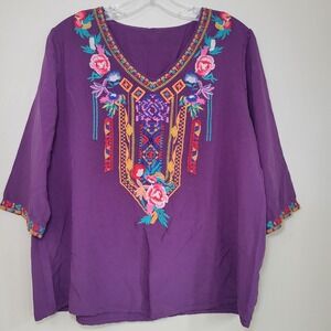 Embroidered 3/4 Sleeve V-neck Blouse Purple Woman's Large Indie Boho